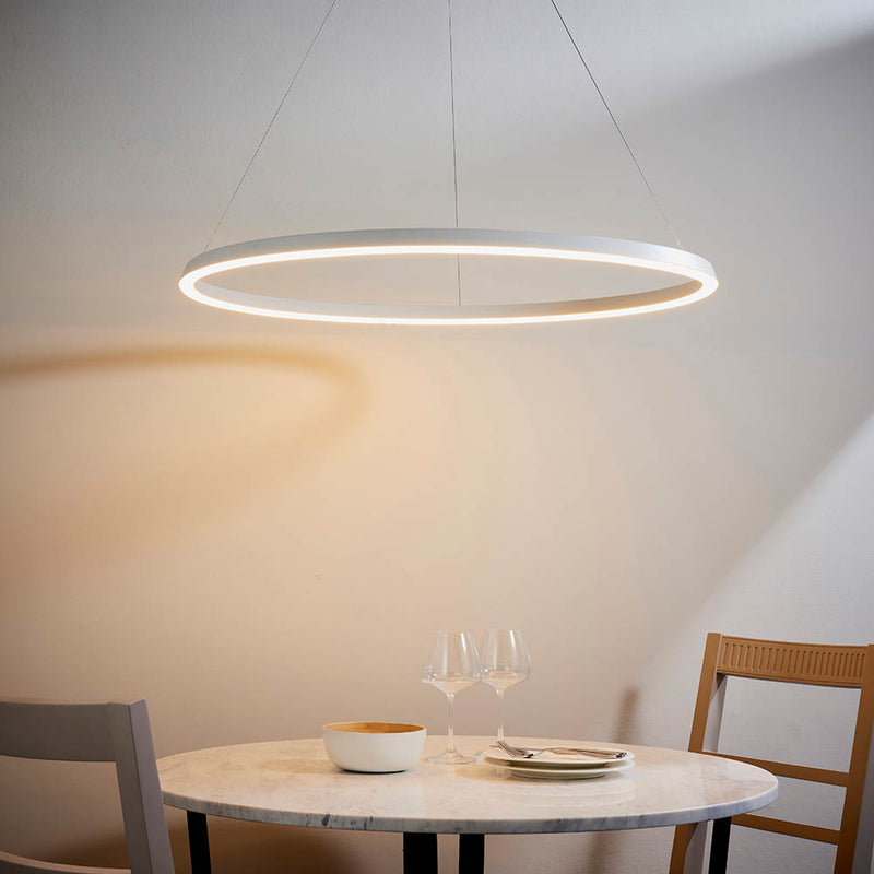 Staten LED Hoop Pendant lit up in a styled living room