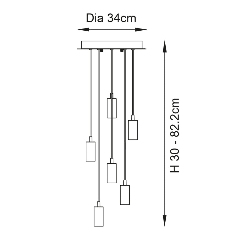 Studio 6 Light Cluster Pendant dimension drawing showing width and drop