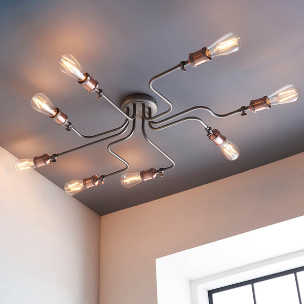 Hal 8 Light Semi Flush Ceiling Light in aged copper and pewter on a kitchen ceiling