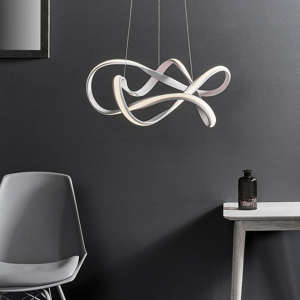 Synergy LED Pendant in sand white hanging in a living room