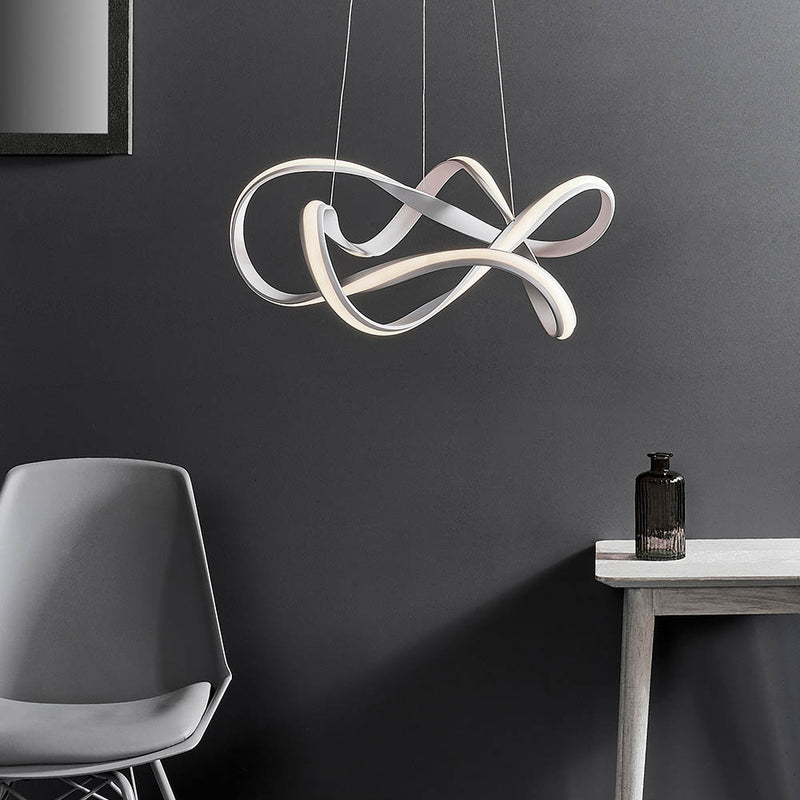 Synergy LED Pendant in sand white hanging in a living room