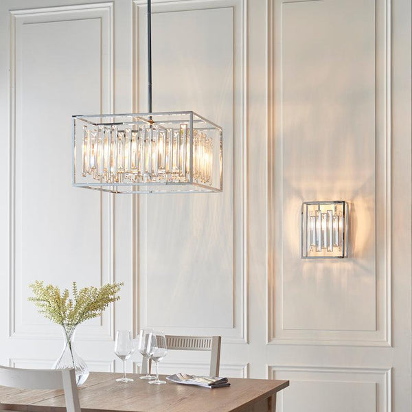 Endon Acadia 6 Light Chrome & Crystal Pendant Light-Ceiling Pendant Lights-Endon Lighting living room close up Tiffany Lighting Direct