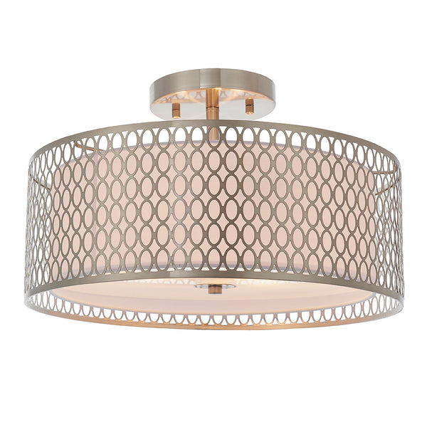 Endon Cordero 3 Light Flush Ceiling Light in satin nickel with white fabric and frosted glass