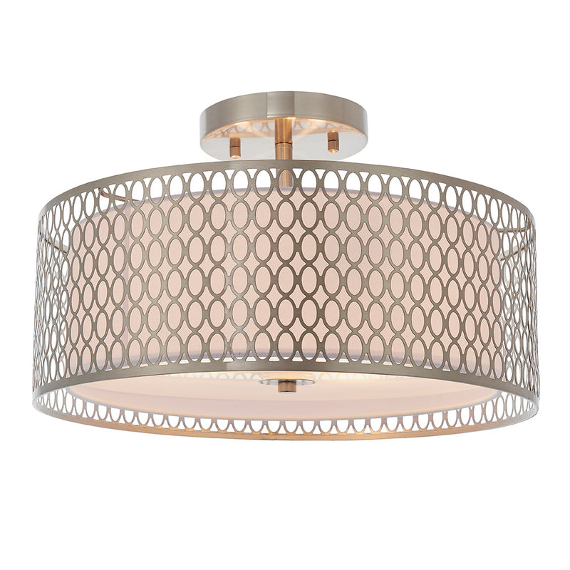 Endon Cordero 3 Light Flush Ceiling Light in satin nickel with white fabric and frosted glass