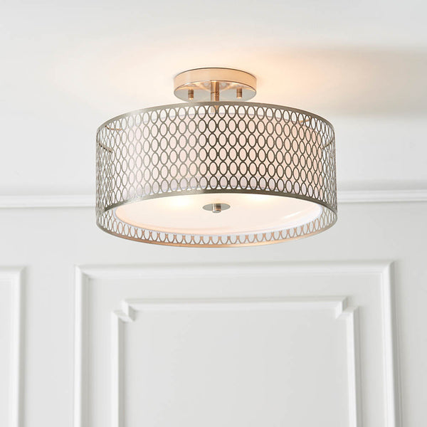 Cordero 3 Light Flush Ceiling Light in satin nickel on a bedroom ceiling