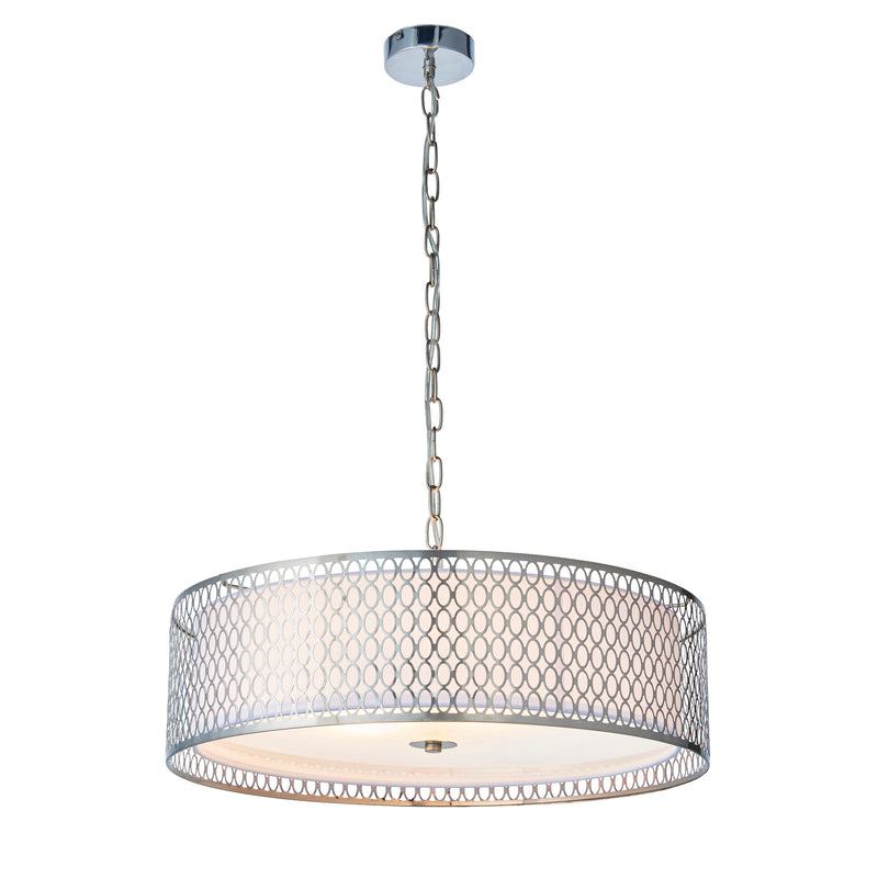 Endon Cordero 3 Light Pendant in satin nickel fretwork with white fabric and frosted glass