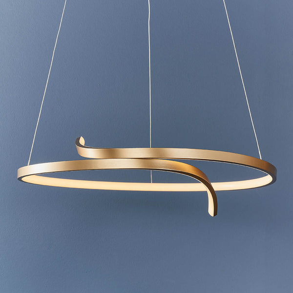 Rafe LED Hoop Pendant in brushed gold hanging in a living room