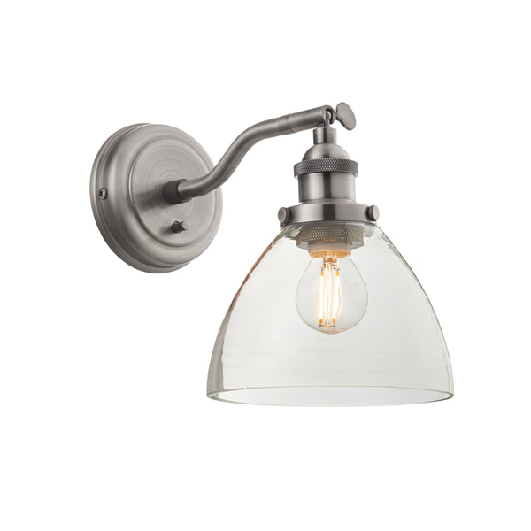 Hansen Wall Light in Brushed Silver with Clear Glass Shade – Industrial Resto-Style Adjustable Wall Sconce with On/Off Toggle Switch.