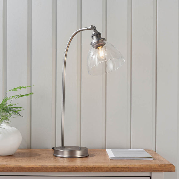 Endon Hansen Task Table Lamp in aged pewter in a styled bedroom