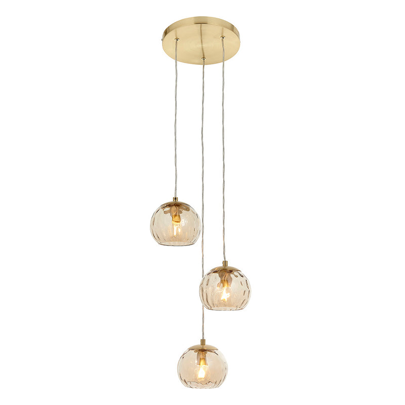 Endon Dimple 3 Light Pendant in satin brass with champagne lustre glass