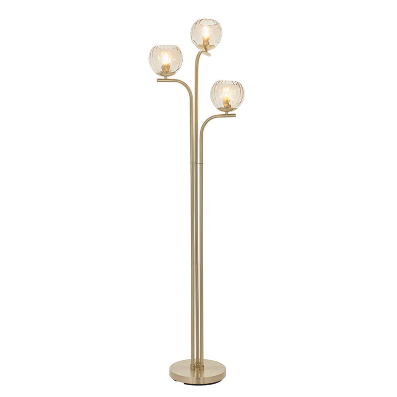 Endon Dimple 3 Light Floor Lamp in satin brass on a white background