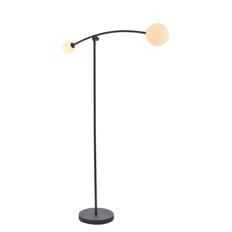 Endon Balance 2 Light Floor Lamp in matt black and opal glass on a white background