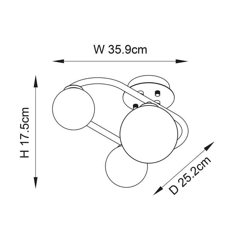 Pulsa 3 Light Bathroom Ceiling Light dimension drawing showing width and depth