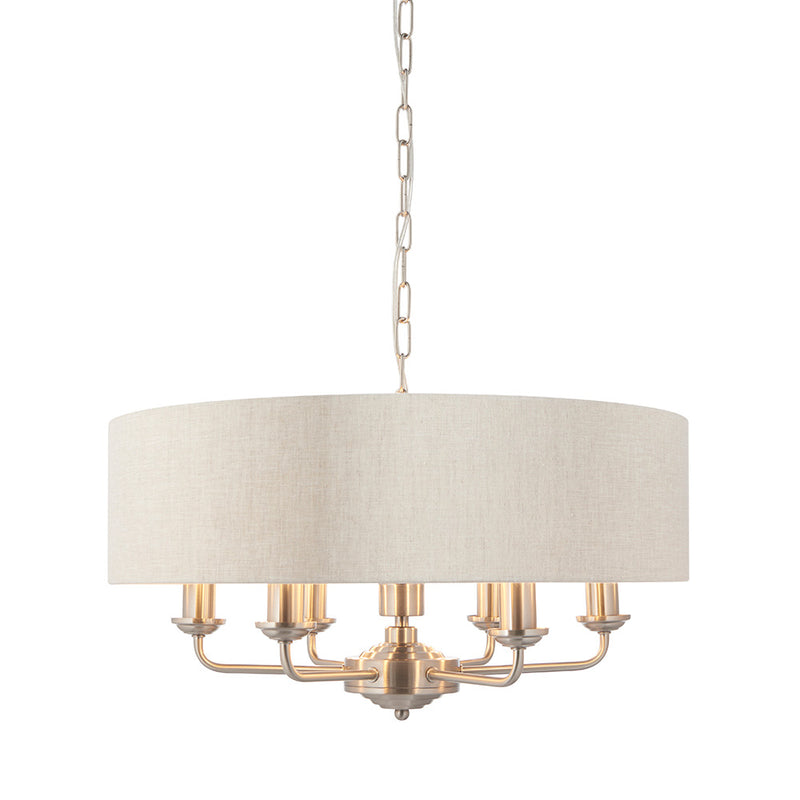 Endon Highclere 6 Light Drum Pendant in brushed chrome with natural linen