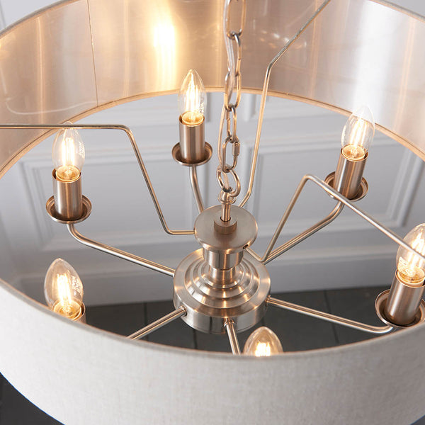 Highclere 6 Light Drum Pendant in brushed chrome shown in a room setting