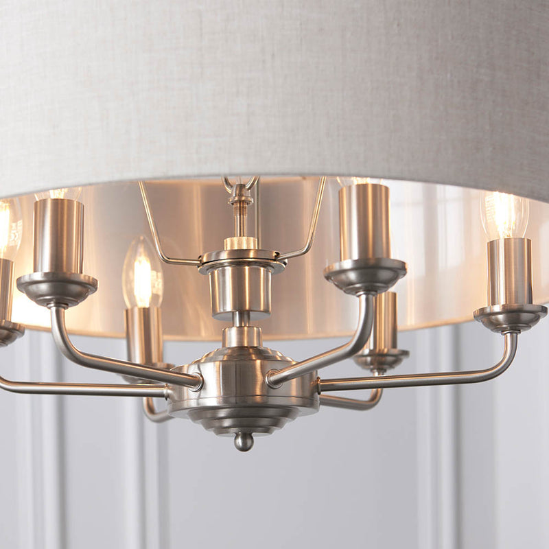 Detail of the brushed chrome finish on the Highclere 6 Light Drum Pendant