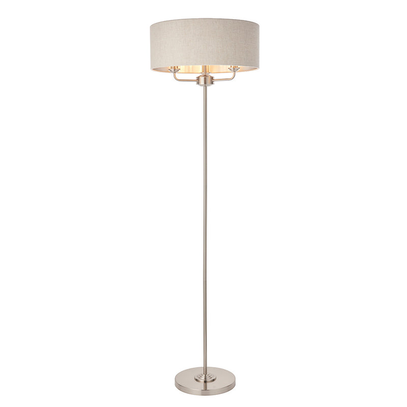 Endon Highclere 3 Light Floor Lamp in brushed chrome and linen on a white background