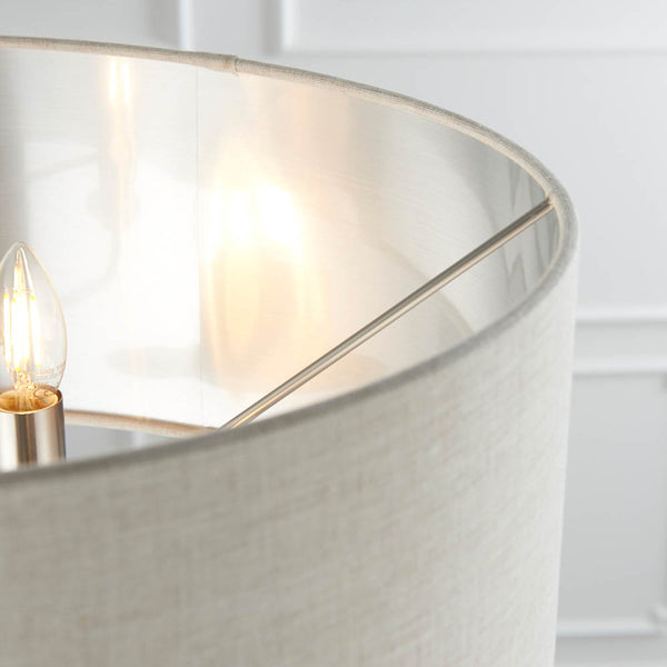 Detail of the brushed chrome and linen finish on the Highclere 3 Light Floor Lamp
