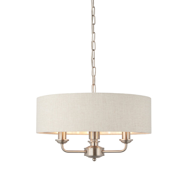 Endon Highclere 3 Light Drum Pendant in brushed chrome with natural linen