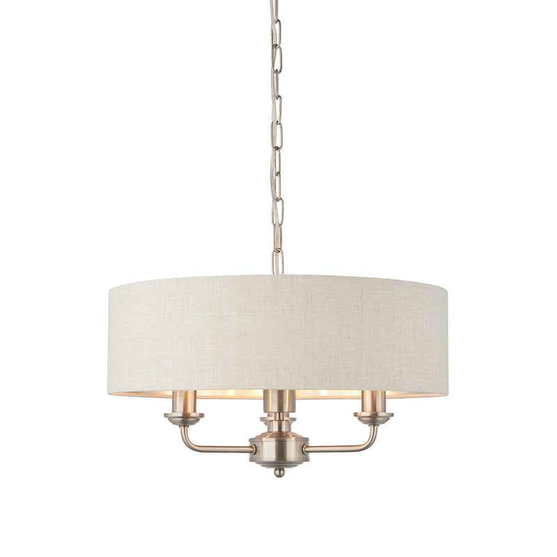 Endon Highclere 3 Light Drum Pendant in brushed chrome with natural linen
