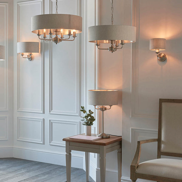 Highclere 3 Light Drum Pendant in brushed chrome shown in a room setting