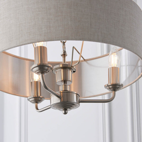 Close-up of the natural linen on the Highclere 3 Light Drum Pendant
