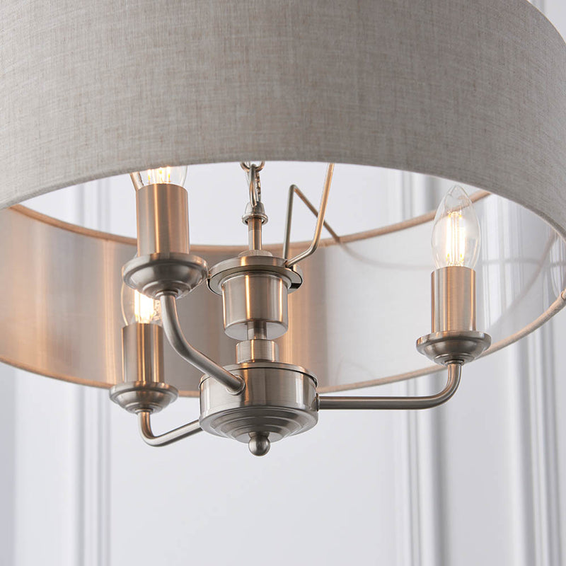 Close-up of the natural linen on the Highclere 3 Light Drum Pendant