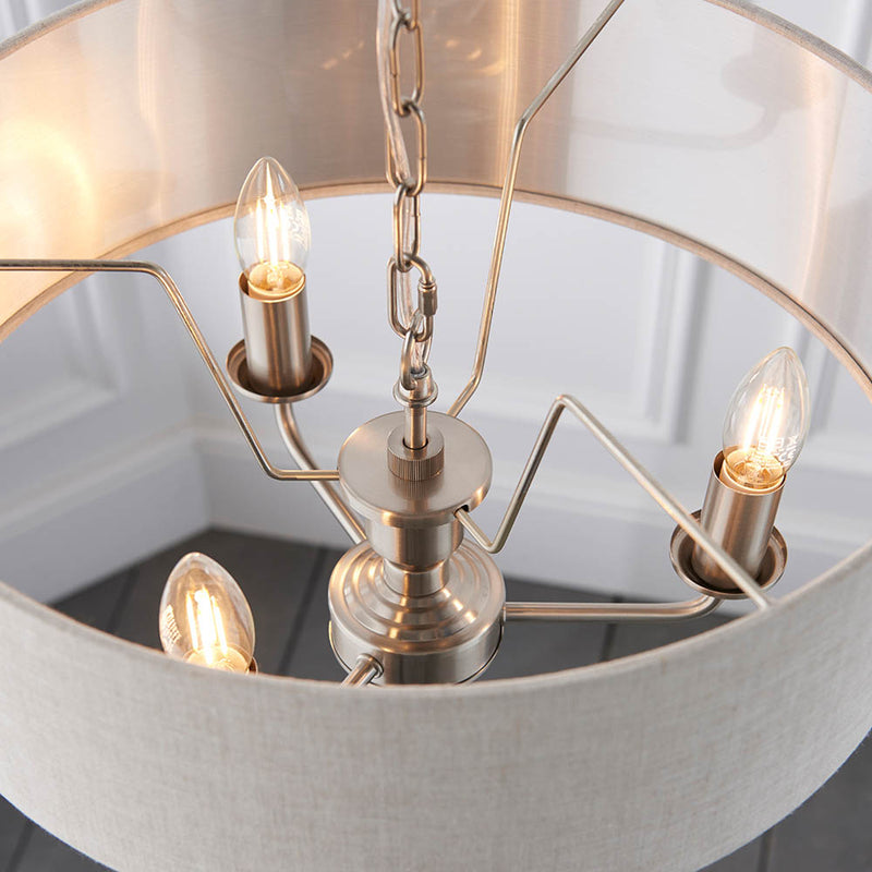 Detail of the brushed chrome finish on the Highclere 3 Light Drum Pendant