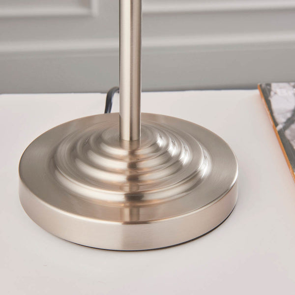 Detail of the brushed chrome and linen finish on the Highclere 3 Light Table Lamp