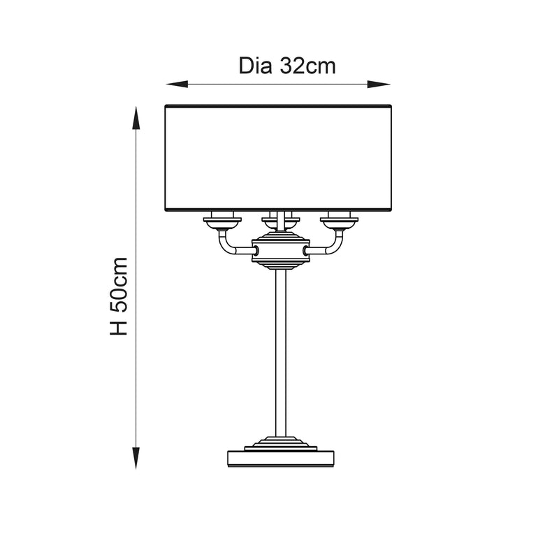 Highclere 3 Light Table Lamp dimension drawing showing height and width