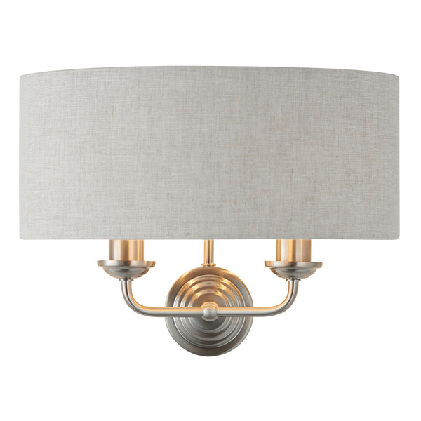 Endon Highclere 2 Light Wall Light in Brushed Chrome with Natural Linen Shades – Elegant & Dimmable Modern Wall Sconce for Bedrooms, Hallways & Living Spaces.
