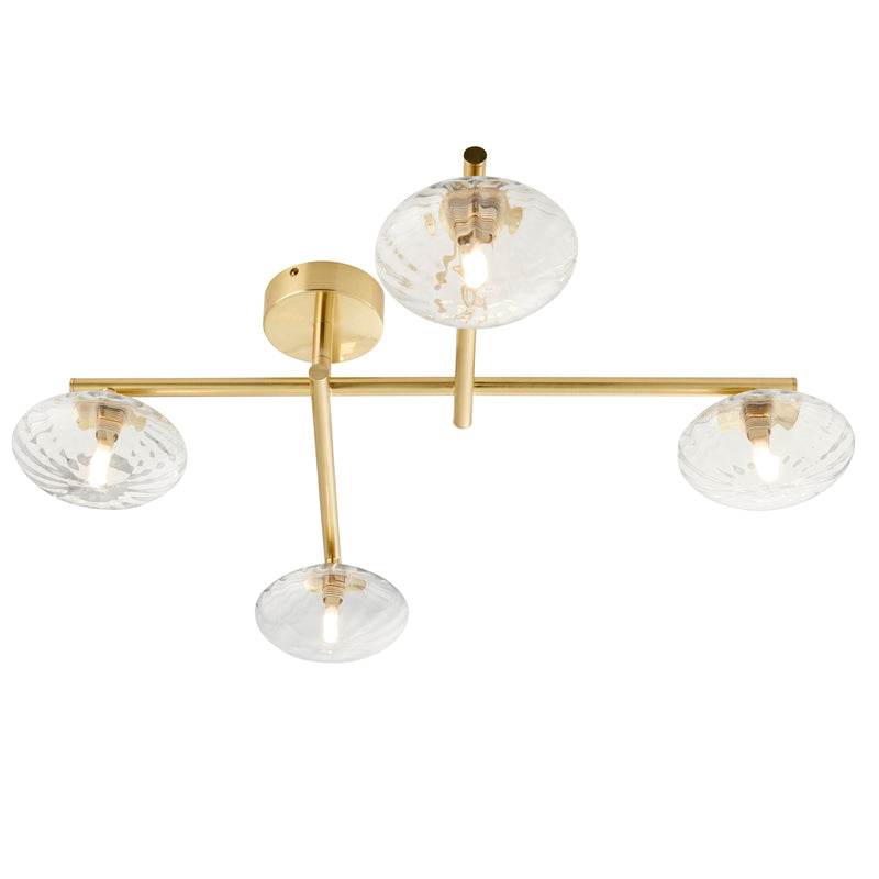 Endon Mobias 4 Light Bathroom Ceiling Light in satin brass with clear ribbed glass