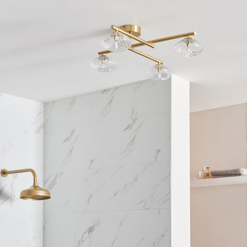Detail of the satin brass finish on the Mobias 4 Light Bathroom Ceiling Light