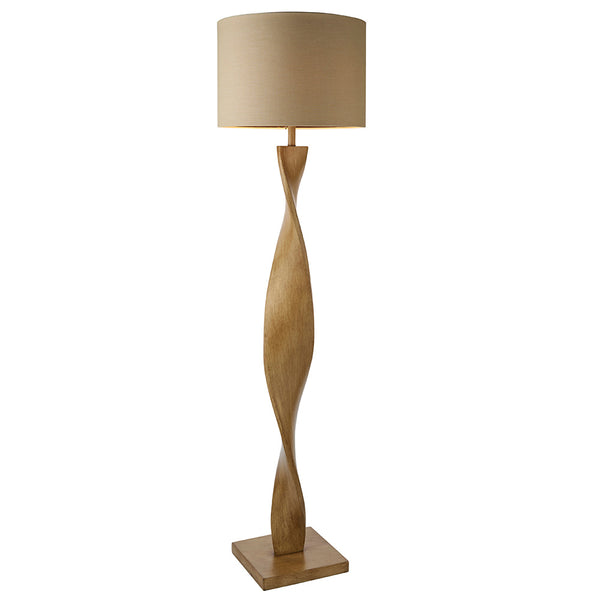 Endon Abia Floor Lamp in oak effect and natural linen on a white background