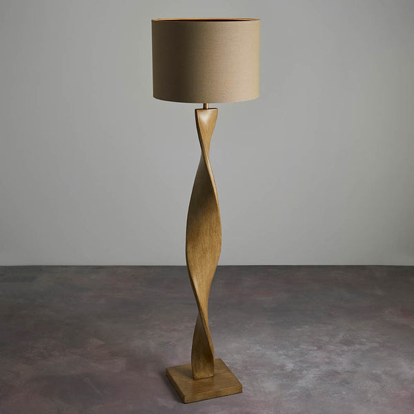 Endon Abia Floor Lamp in oak effect and natural linen in a styled living room