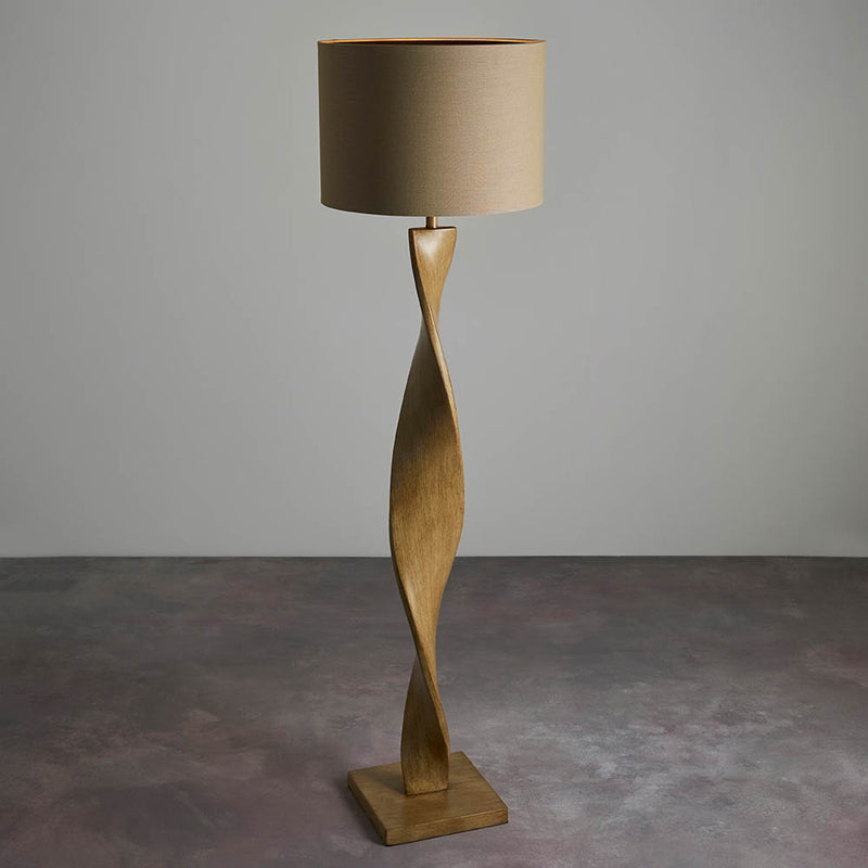 Endon Abia Floor Lamp in oak effect and natural linen in a styled living room