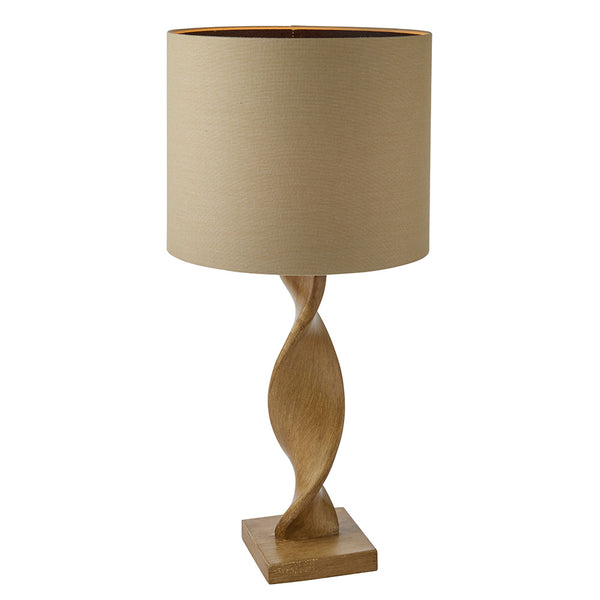 Endon Abia Table Lamp in oak effect and natural linen on a white background