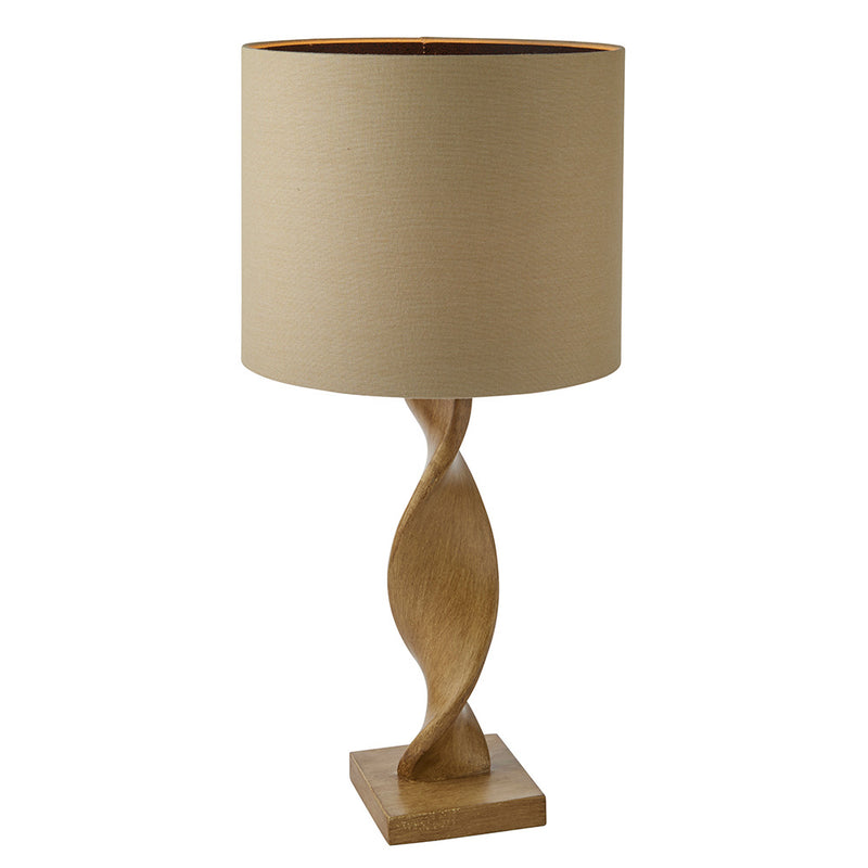 Endon Abia Table Lamp in oak effect and natural linen on a white background