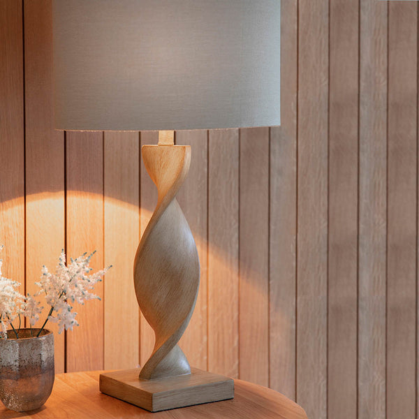 Detail of the oak effect and natural linen finish on the Abia Table Lamp