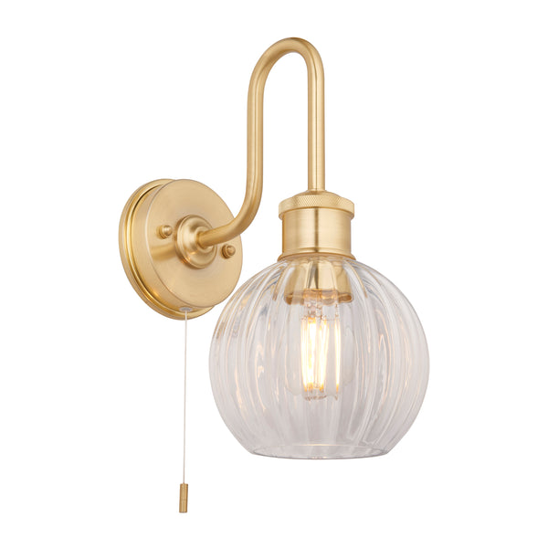 Endon Kendall Bathroom Wall Light in satin brass with clear ribbed glass