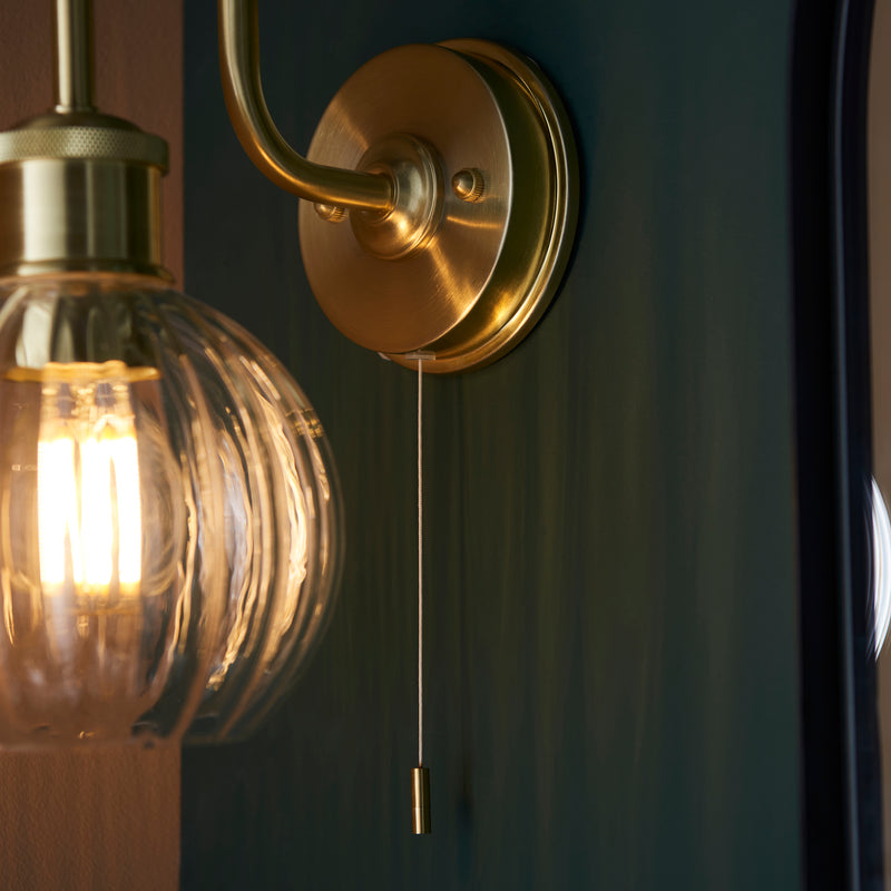 Kendall Bathroom Wall Light detail showing the clear ribbed glass and fittings