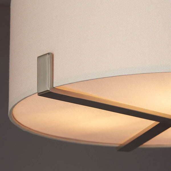 Hayfield 3 Light Drum Pendant in satin nickel and grey shown in a room setting
