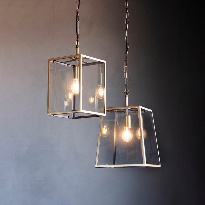 Hurst Lantern Pendant lit up in a styled hallway