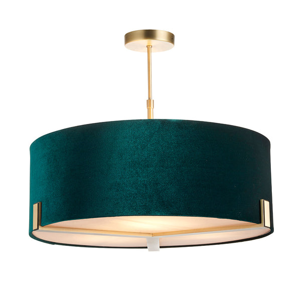Endon Hayfield 3 Light Drum Pendant in antique brass and green velvet