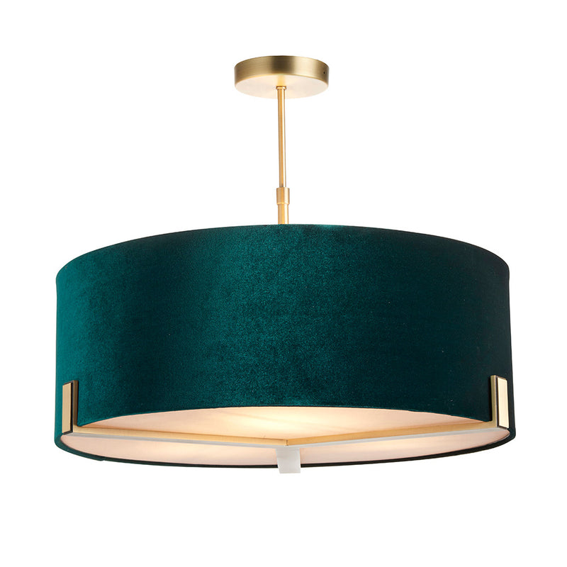 Endon Hayfield 3 Light Drum Pendant in antique brass and green velvet