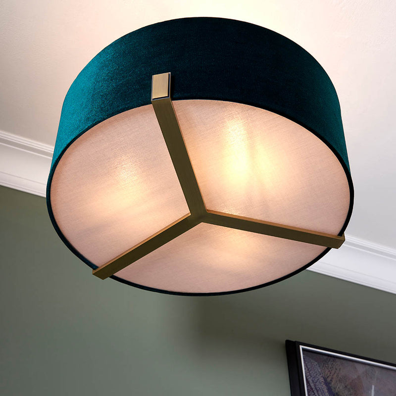 Detail of the antique brass and green velvet finish on the Hayfield 3 Light Drum Pendant
