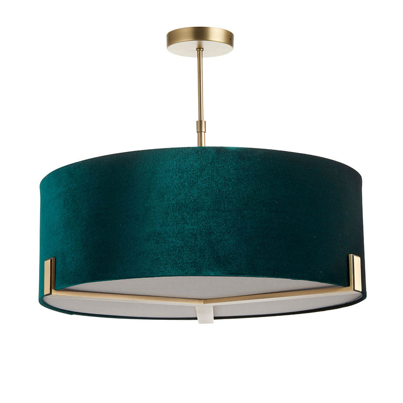 Hayfield 3 Light Drum Pendant – alternative view in antique brass and green velvet