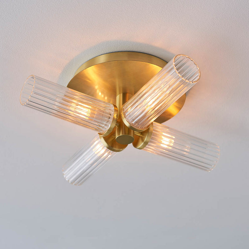 Talo 4 Light Bathroom Ceiling Light in satin brass on a bathroom ceiling