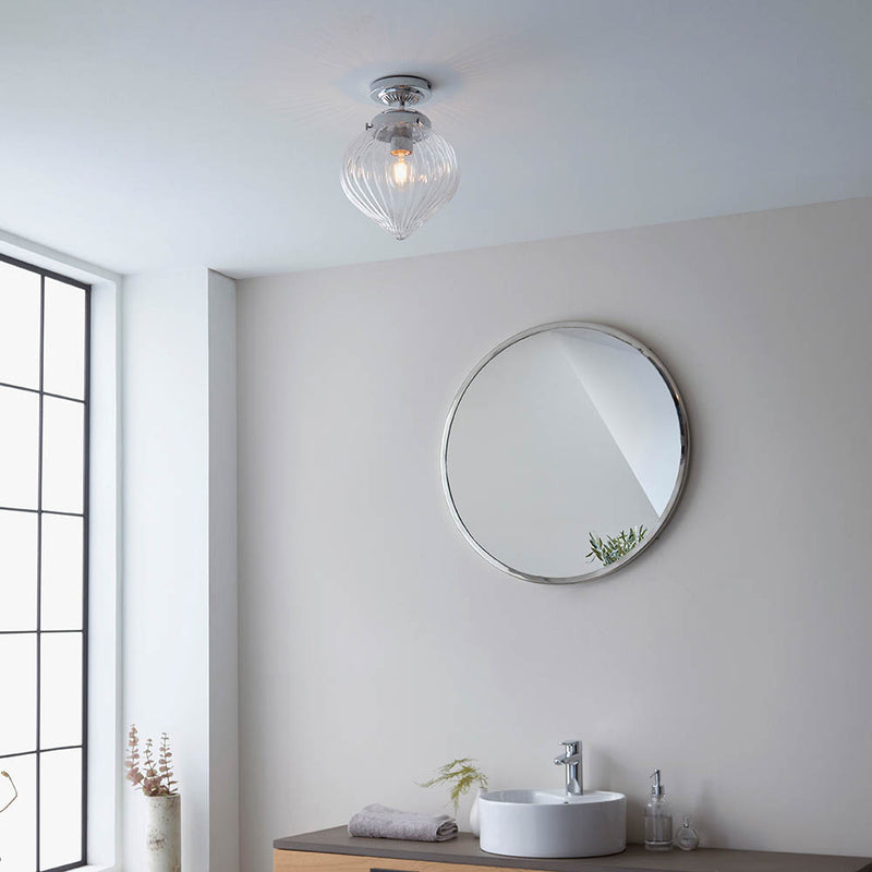 Close-up of the clear ribbed glass on the Cheston Bathroom Flush Ceiling Light