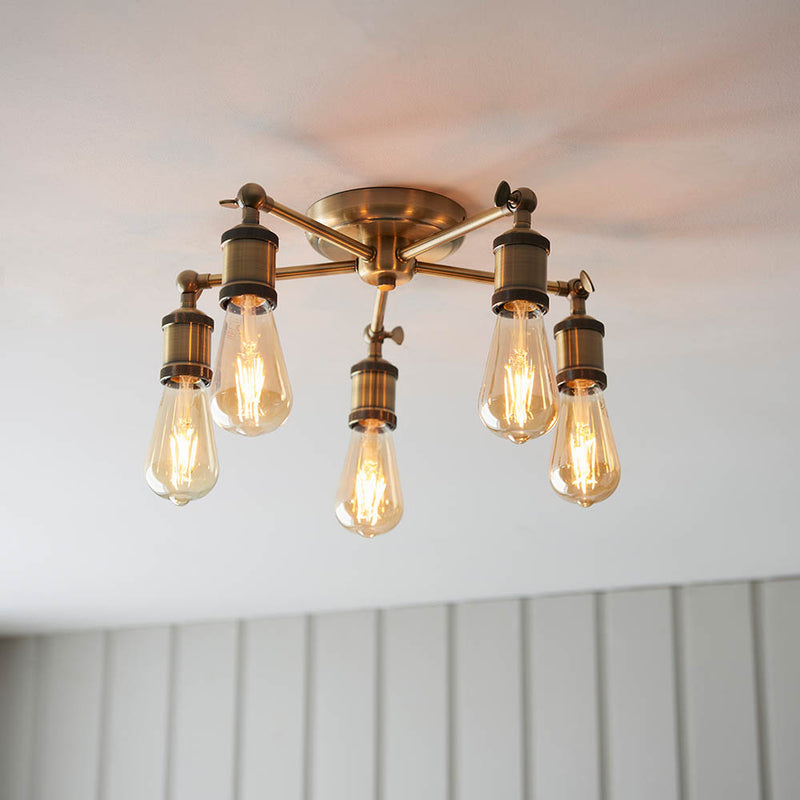 Hal 5 Light Semi Flush Ceiling Light in antique brass on a kitchen ceiling